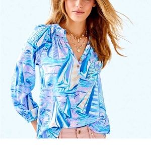 EUC Lilly Pulitzer small Else Silk blouse “aboat time” blue, white and purple